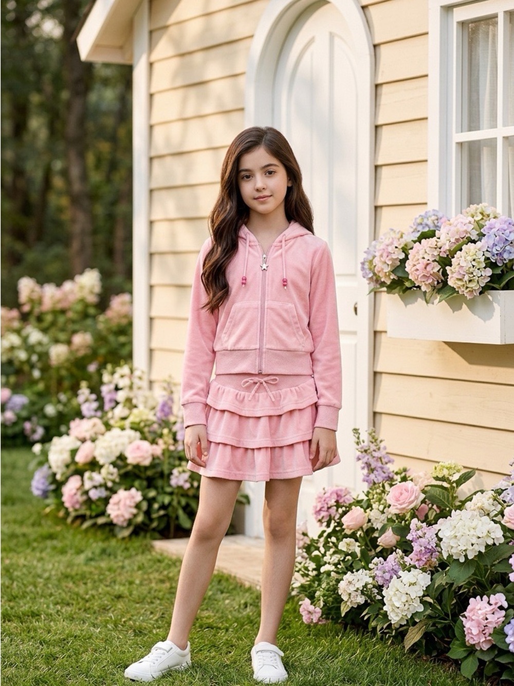 Girls Pink Velour Margot Hoodie & Tiered Skirt Set Size 10 EUC